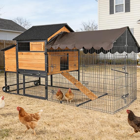 Large Chicken Coop with Wheels, Upgraded with All-Arounded Iron Frame Chicken Tractor, Poultry Chicken House with Large Run, Waterproof Roof, Expandable Nesting Box, 85" L for 5-7 Chickens