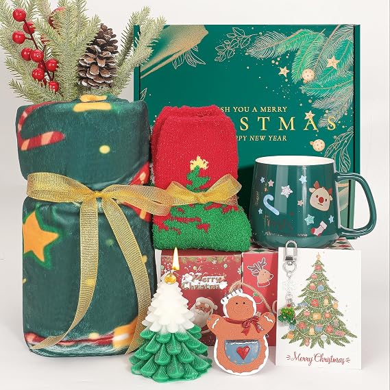 Christmas Gifts Basket for Women 2025 | Christmas Gift Box for Friend, Family | Holiday Gift Set with Christmas Blanket, Santa Mug, Socks | Xmas Present for Mom, Wife, Girlfriend, Sister, Coworker
