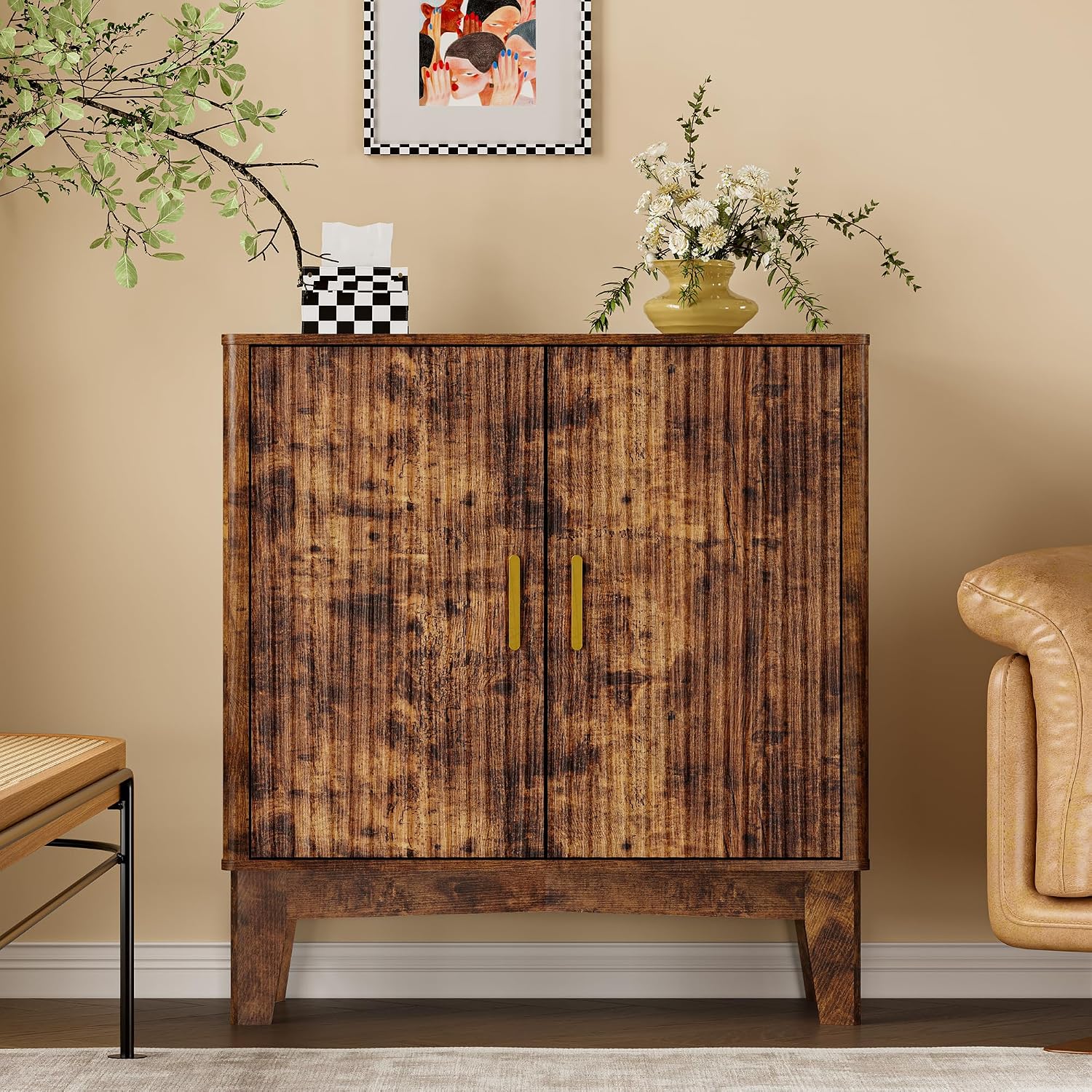 Storage Cabinet with Doors and Adjustable Shelf, Modern Fluted Sideboard Buffet Cabinet, Freestanding Coffee Bar for Kitchen, Pantry, Entryway, Living Room Rustic Brown