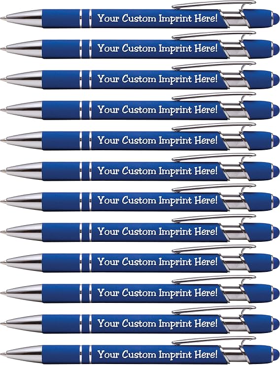 ExpressDesignsTM - Premium Custom Pens with Stylus | Burst of Color | Personalized Soft Touch Metal Printed Name Pens w/Black Ink - Imprinted w/Logo or Message - 12 pcs/pack (Dark Blue)