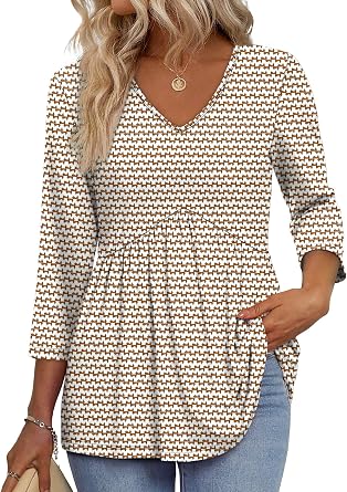 OFEEFAN 3/4 Length Sleeve Womens Tops 2025 Blouses for Women Dressy Casual Fashion Clothing V Neck Babydoll Tops Fall Outfits