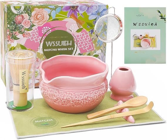 Pink Matcha Set, 8 Pcs Complete Ceramic Matcha Making Kit with Bowl, Bamboo Whisk & Holder, Stainless Sifter, Tea Towel, Scoop & Scoop Rest
