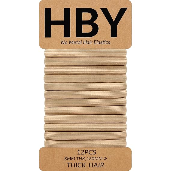 Hair Ties for Thick Hair - Strong Hold Ponytail Holders No Slip Elastics | Seamless Design | No Damage Hold | Workout Ready | Daily Hair Bands | 12 Ct (Beige)