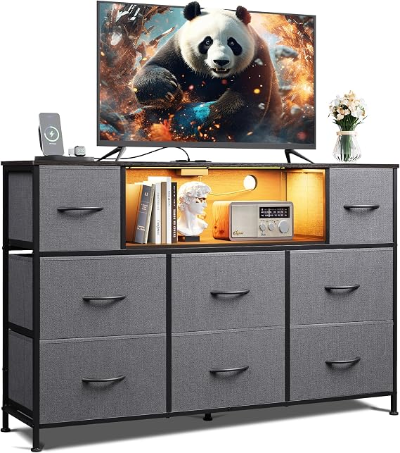 WLIVE LED Dresser TV Stand for 55 Inch TV, 8 Drawers, Dark Grey