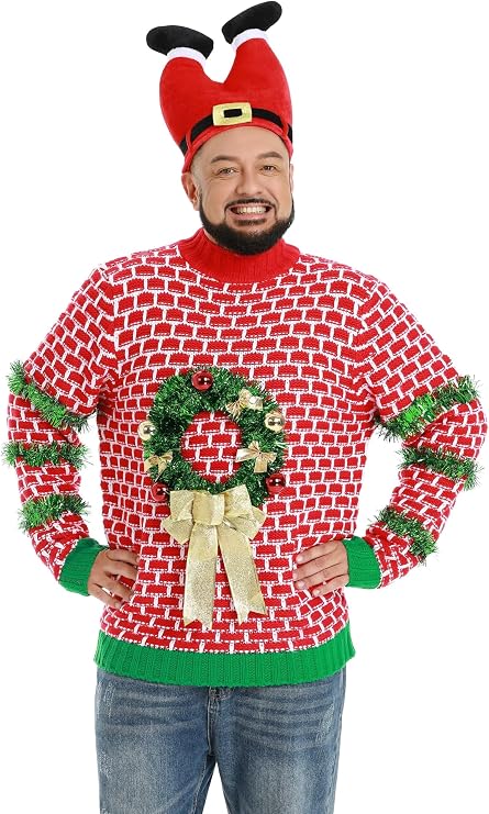 Men`s Ugly Christmas Sweater Unisex Women`s Funny Novelty Fairisle Pullover for PartyLargeChimney Santa Surprise