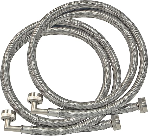 Eastman 6 ft Washing Machine Hose Connectors with Elbows, Pack of 2, 3/4 in FHT x 3/4 in FHT, Braided Stainless Steel, 41066