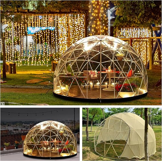 Greenhouse Igloo, 12 * 7.2 ft PVC Dome Tent, Weatherproof Garden Bubble Tent With 2 * 10m Light Strings, Transparent House for Outdoor, Party (With Sunshade Cover)
