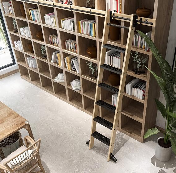 DIYHD 87" Knotty Pine Sliding Library Ladder with Metal Step, Paintable | Natural pine wood paired with black metal steps, pre-cut top for sliding hardware, ideal for loft and bookshelf access