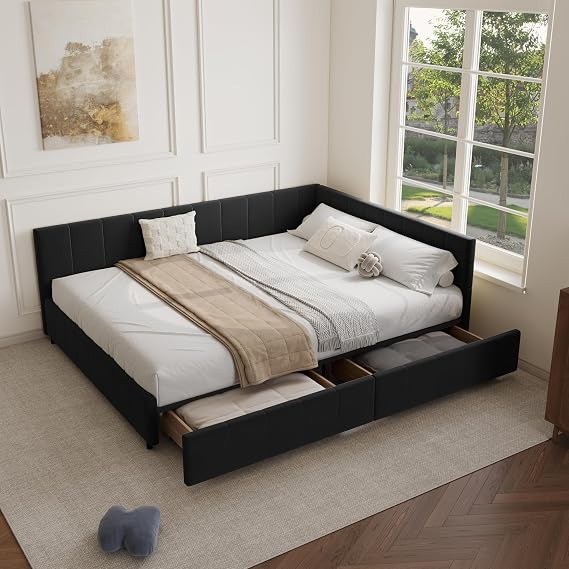 DEINPPA Queen Size Velvet Upholstered Corner Bed Frame with Storage Drawers | L Shaped Upholstered Daybed with Soft Headboard for Bedroom Living Room Apartment-Black