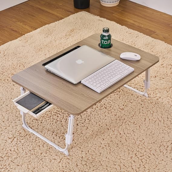 VECELO Folding Low Table, Low Table, Chabudai, Bed Desk, Tatami Table, Height Adjustable 4 Levels 11.7-12.9-14.1-15.2 inches Wide Size, Tablet Stand Included, Drawer Storage, Laptop Compatible