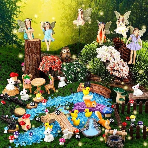 100 Pcs Fairy Garden Accessories Miniatures Figures Kit | Micro Landscape Terrarium Ornaments Resin Mushroom Animal Fake Pond Lawn Bridge Garden Decoration