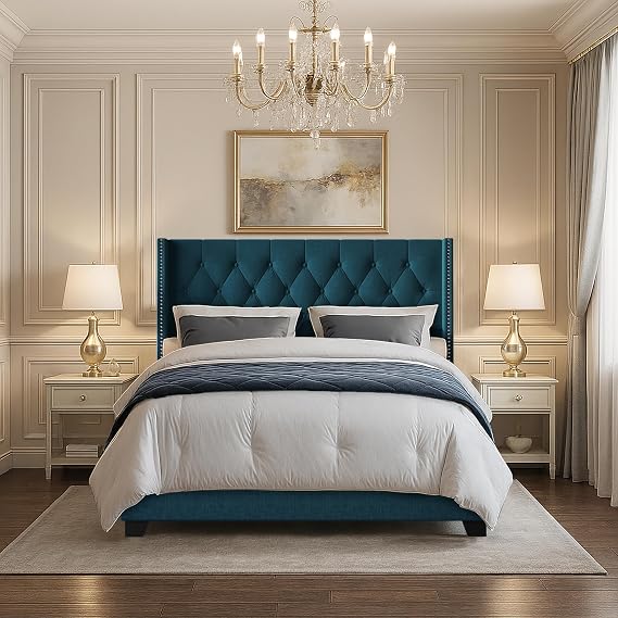 HOME DESIGN Danbury Tufted Upholstered Panel Bed, King, Wingback Headboard with Chrome Nailhead Trim, Blue
