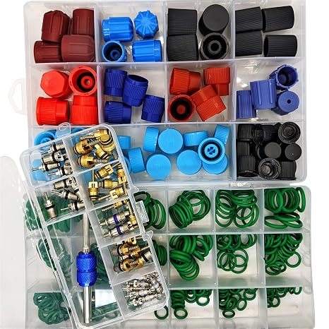 Car A/C Valve Core, O-Ring & Cap Kit | Air Valve Dust Cover Set (77 Pcs) AC Valve Core Assortment (40 Pcs) | Orings - Nitrile ORings (270) | for R12 - R134a | Fix Auto Air Conditioning Leaks