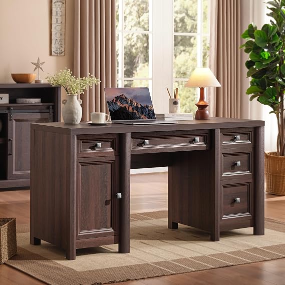 Standifurno Farmhouse Computer Desk with 5 Drawers and Cabinet, 58 Executive Desk, Wood Home Office Desk with Ajustable Shelf, Rustic Writing Table with Knobs, Workspace for Study Room, Walnut