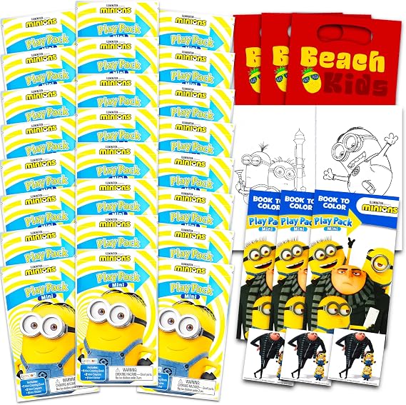 Minions Party Favors for Kids Bundle - 24 Mini Activity Packs | Despicable Me Mini Play Packs with Coloring Books, Stickers, Goodie Bags, More | Bulk Minions Birthday Party Supplies