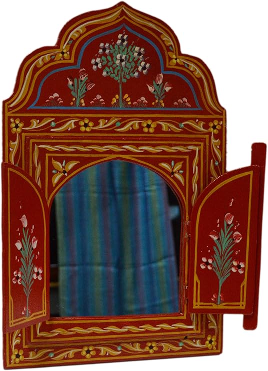 Moroccan Wall Mirror with Doors Hand Painted Arabesque Handmade Decor Small Red
