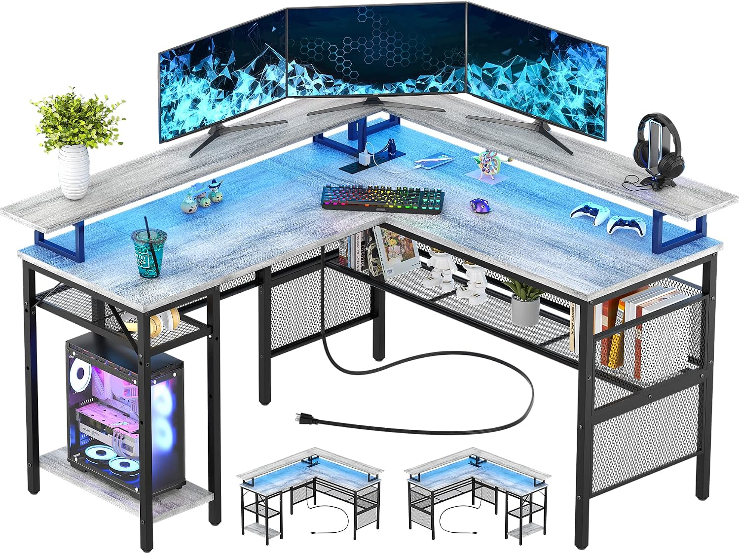 Unikito Reversible L Shaped Computer Desk, 55 Inch Cool Corner Desk with Smart LED Light and Power Outlet, Sturdy Gaming Table with Monitor Stand and Shelf, Ergonomic Home Office Desk, White Grey