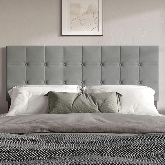 HOME DESIGN Ida Linen Upholstered Button Tufted Full Headboard Adjustable Height, Easy Installation, Solid & Engineered Wood Frame Gray