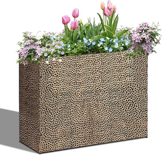 Tall Planters for Outdoor Plants - Hand-Hammered Metal Large Rectangular Block Planter Box with Drainage Holes, Modern Planters Indoor Outdoor Flower Plant Pots Patio Yard Front Porch Deck,32x12x24"