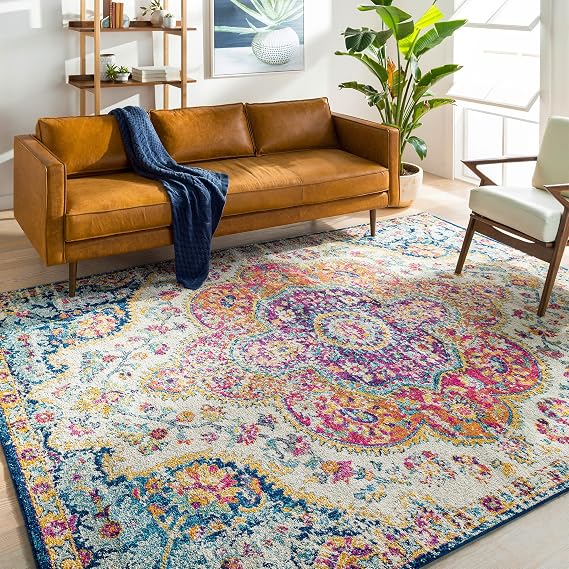 Livabliss Julia Rabat Vintage Rug for Living Room, Dining & Kitchen 120x170 cm, Traditional Boho Design, Multicoloured Fuchsia Orange Blue, Easy Care Pile, Large Floor Covering