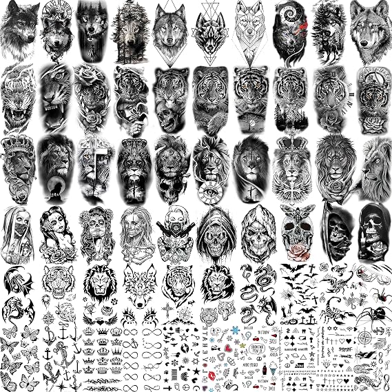 60 Sheets Ferocious Lion Tiger Temporary Tattoos For Men Women Arm Neck, Scary Devil Skull Skeleton Fake Tattoos For Adult Teens Halloween, Black 3D Wolf Dragon Realistic Tatoo Sticker Forearm