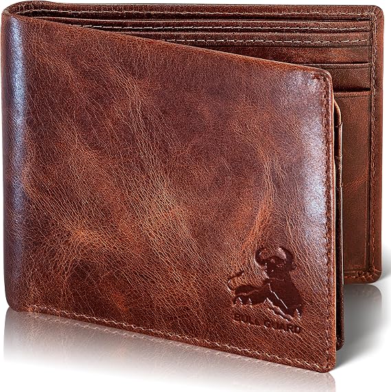 BULL GUARD RFID Blocking Bifold Mens Wallet Premium Top Grain Leather Brown Extra Capacity Wallet for Men Genuine Leather Western Brown, 11+ Cards, Flip Up ID Window, Gift For Men in Nice Gift Box