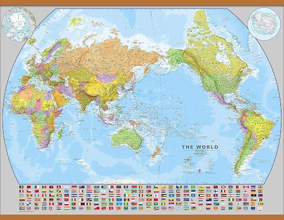 World Huge Wall Map Laminated with Wooden Hanging Bars 46 x 62 in