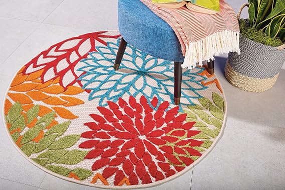 Nourison Home Aloha Indoor/Outdoor Green 4' x Round Area-Rug, Tropical, Botanical, Easy-Cleaning, Non Shedding, Bed Room, Living Room, Dining Room, Deck, Backyard, Patio (4 Round)