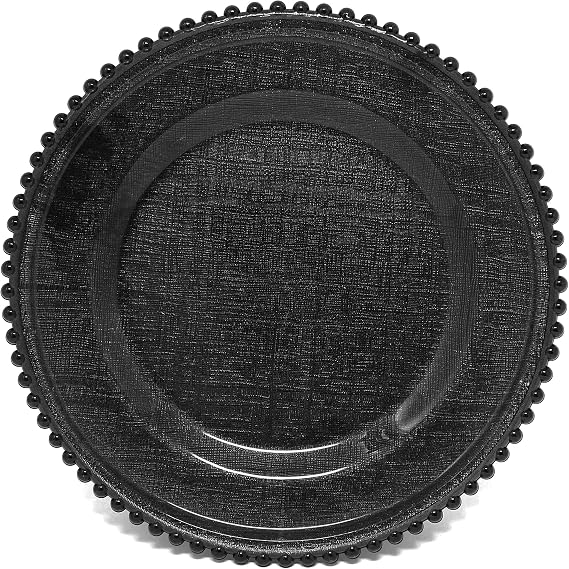 Ms Lovely Cross-stitch Pattern Glass Charger 12.6 Inch Dinner Plate With Beaded Rim - Set of 4 - Black