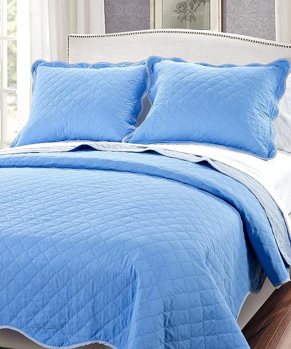 Serenta 3 Piece Solid Reversible Microfiber Quilts Set, King, Blue