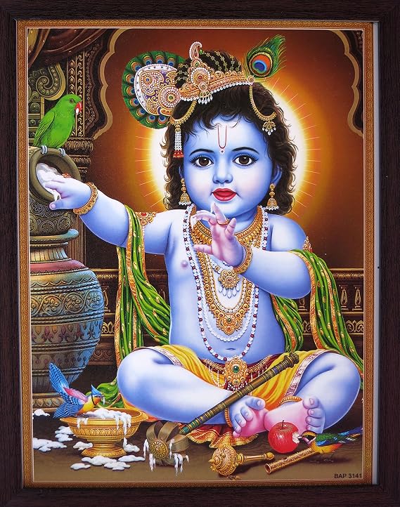 HandicraftStore Lord Child Bal Krishna Playing with Butter and Parrots are Enjoying, a Decorative Religious Poster with Beautiful Frame,