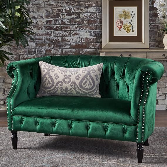 GDFStudio Melaina Tufted Chesterfield Velvet Loveseat with Scrolled Arms, Emerald and Dark Brown.