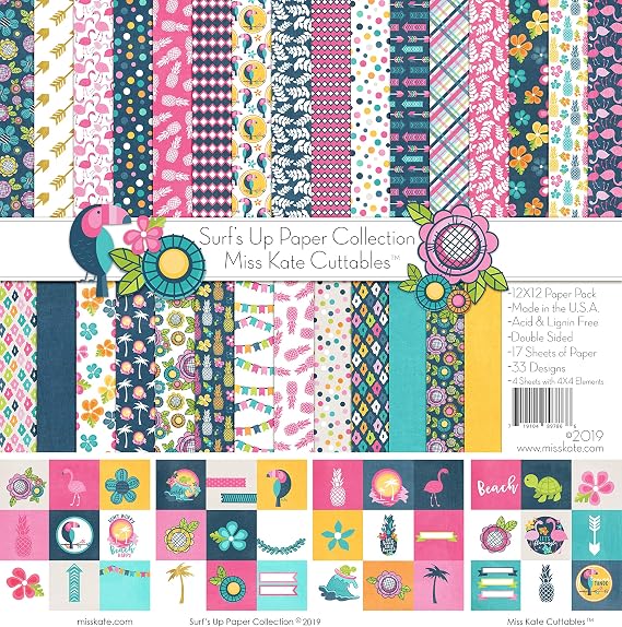Pattern Paper Pack - Surf's Up - 17 Double-Sided 12"x12" Collection Includes 34 Patterns - Scrapbooking Card Making Crafting - by Miss Kate Cuttables