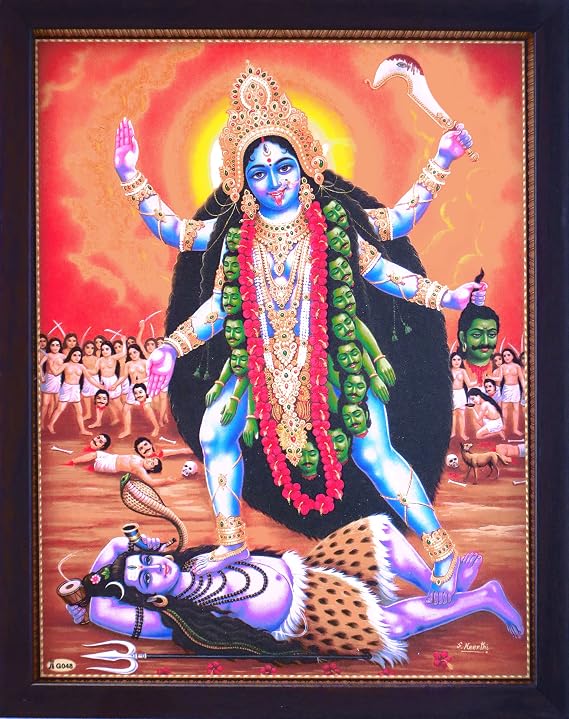 HandicraftStore Hindu Goddess Maa Kali Putting her Leg on Lord Shiva and Shiva Smiling, A Rare Hindu Religious Poster Painting with Worship