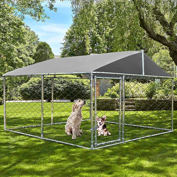 Large Outdoor Dog Kennel Playpen for Large Dogs Heavy Duty Metal Outside Dog Cage Fence with Waterproof Protection Cover Dog Run Enclosure with Secure Lock for Backyard