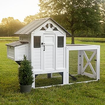 Backyard Discovery Sweetwater Cedar Wooden Chicken Coop for 4-6 Chickens with Run, Nesting Box, Automatic Door, Roosting Bars, Galvanized Steel Roof, Wire Mesh Protection, Ramp, Rooster and Hen House